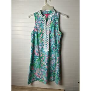 Women's 6 Lilly Pulitzer Jane Shift Dress Aqua La Vista Front Zip Colorful